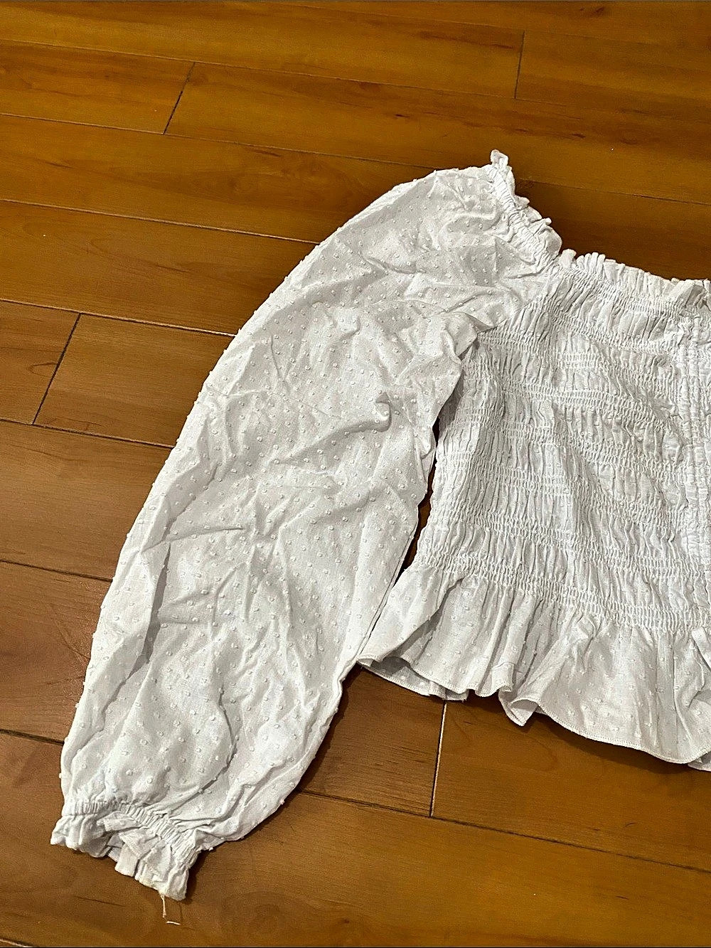 White Smocked Ruffle Blouse Like New - Picture 4 of 7